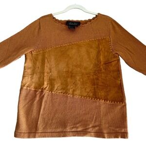 Terry Lewis Vintage Classic Luxuries Size Large Artsy Camel Leather Trim Sweater